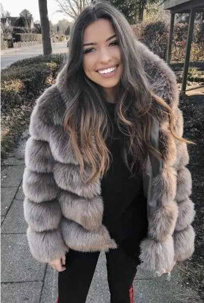 Женская Шуба из искусственного меха с капюшоном и длинным рукавом|Куртки меха| |