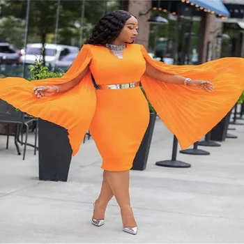 

Elegant Pleated Sleeve Bodycon Dress Women O-Neck Knee Length Mini Dress African Clothes Party Dress Office Lady Autumn