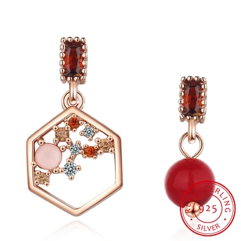 

Temperament Red Pearl Hexagon Asymmetric Retro Stud Earrings 925 Sterling Silver Zirconia Earring Fine Jewelry