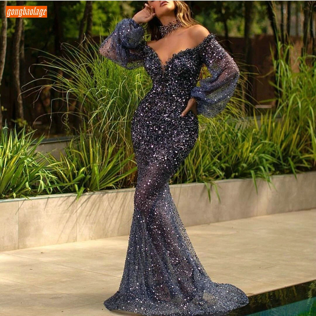 

Sparkly Mermaid Evening Gowns Long Sleeves Sequin Beaded Slim fit Women Formal Dresses Off Shoulder Pageant Sexy Evening Dress
