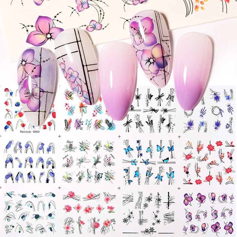 12 листов золотых и ЧЕРНЫХ ЛИСТЬЕВ водные переводки фиолетовые синие