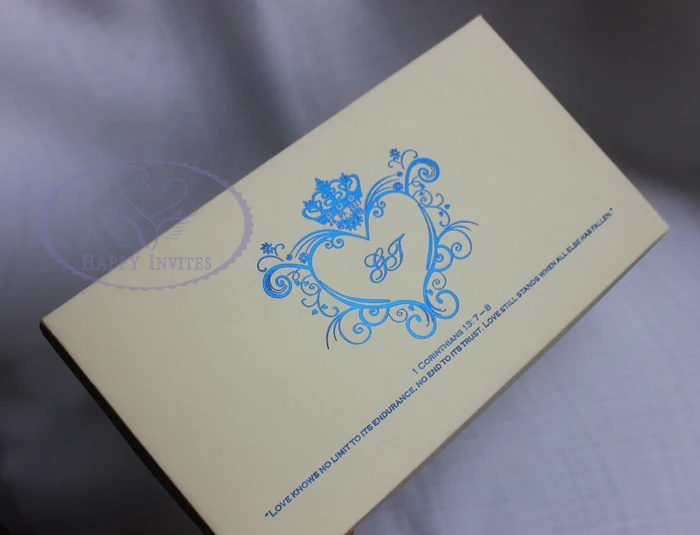HI6009-28 Customized Ivory Wedding Card with Blue Foil Writing with Paper Box More Colors Available