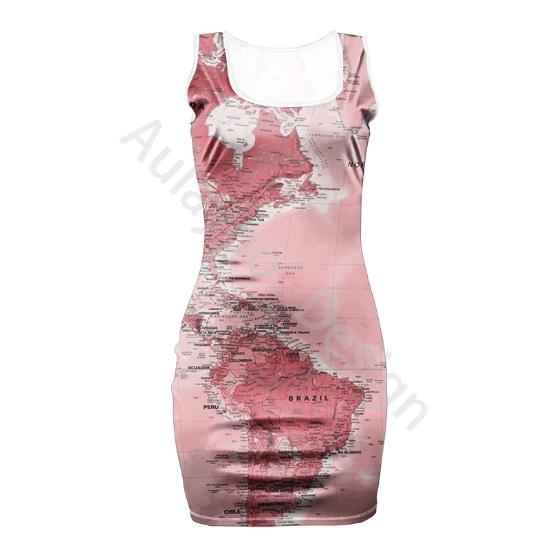 

Dresses For Women 2020 World Map Design Square Neck Ladies Elastic Wrapdress Plus Size Summer Sleeveless Dress Vestido De Mujer