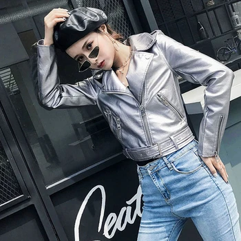 

spring 2020 New Fashion Street Faux Leather Jacket Women Casual bright Silvers short Pu Leather Coat zippers Biker Jackets PY90
