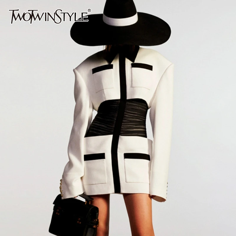 TWOTWINSTYLE Elegant Patchwork Women Dresses Lapel Collar Long Sleeve Tunic Mini Hit Color Summer Dress Female Fashion Clothes TWOTWINSTYLE Elegant Patchwork Women Dresses Lapel Collar Long Sleeve Tunic Mini Hit Color Summer Dress Female Fashion Clothes