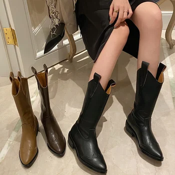 

INS 2020 New Women 5cm Thick High Heels Wedges Mid Calf Boots Lady Riding Cowboy Boots Winter Designer Pointed Toe Western Boots