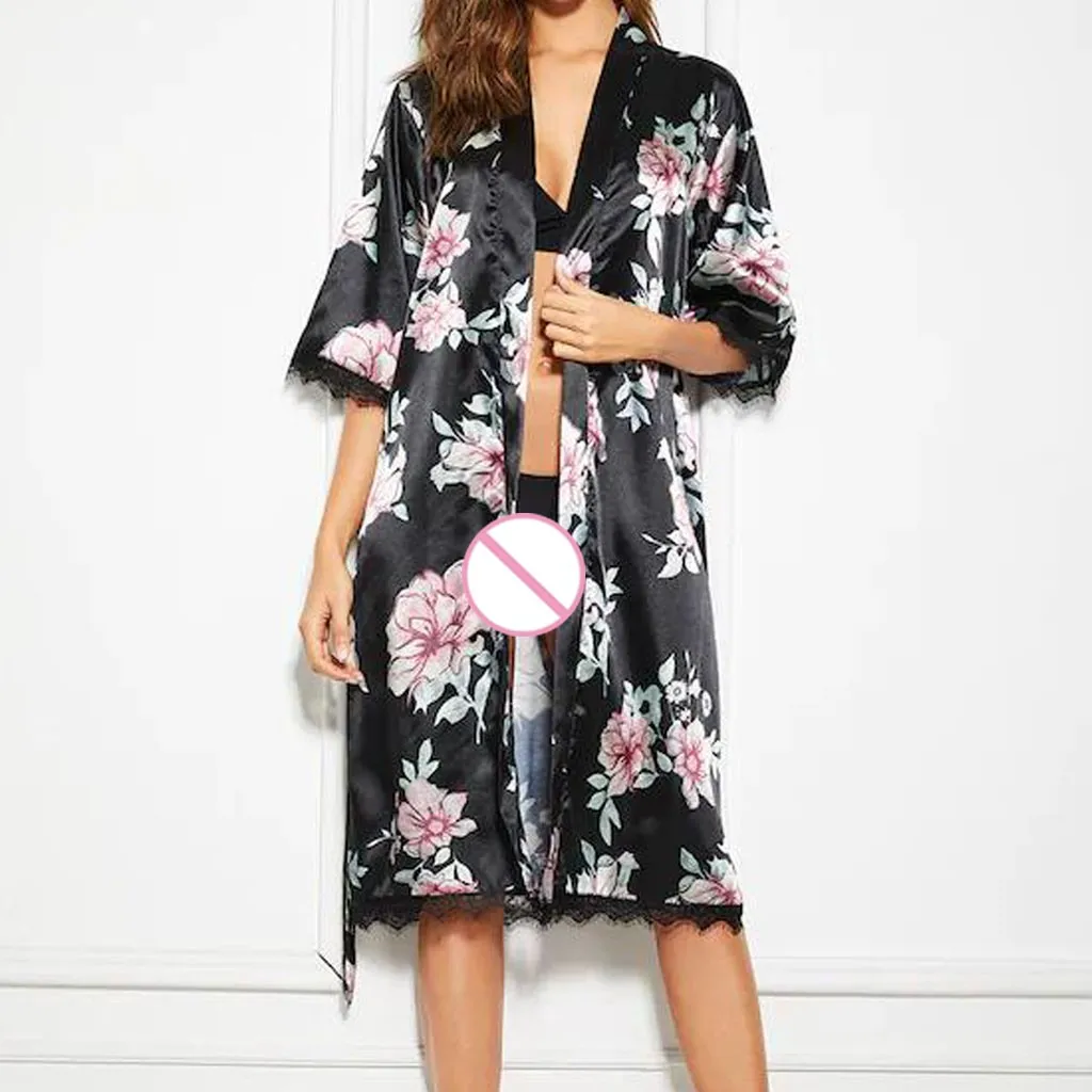 Подобный шелку печатных ночная рубашка Для женщин шелковый атлас печатных ночное белье, кружевная пижама ночная рубашка белье муслин халат с поясом# T0