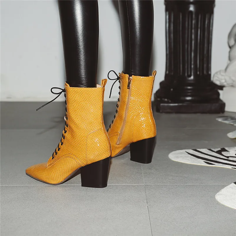 MORAZORA/ г. Большой размер 34-43, зимние женские ботинки модные ботинки на высоком каблуке со шнуровкой Женские однотонные ботильоны на толстом каблуке