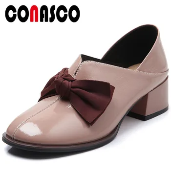 

CONASCO Classic Design Women Pumps Genuine Leather Spring Autumn New Casual Butterfly Knot Round Toe Thick Heels Shoes Woman