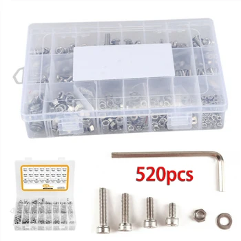 

520Pcs Screw And Nut Set M3 M4 M5 M6 304Stainless Steel Hex Screw&Nuts Assortment Kit Box-packed Hardware