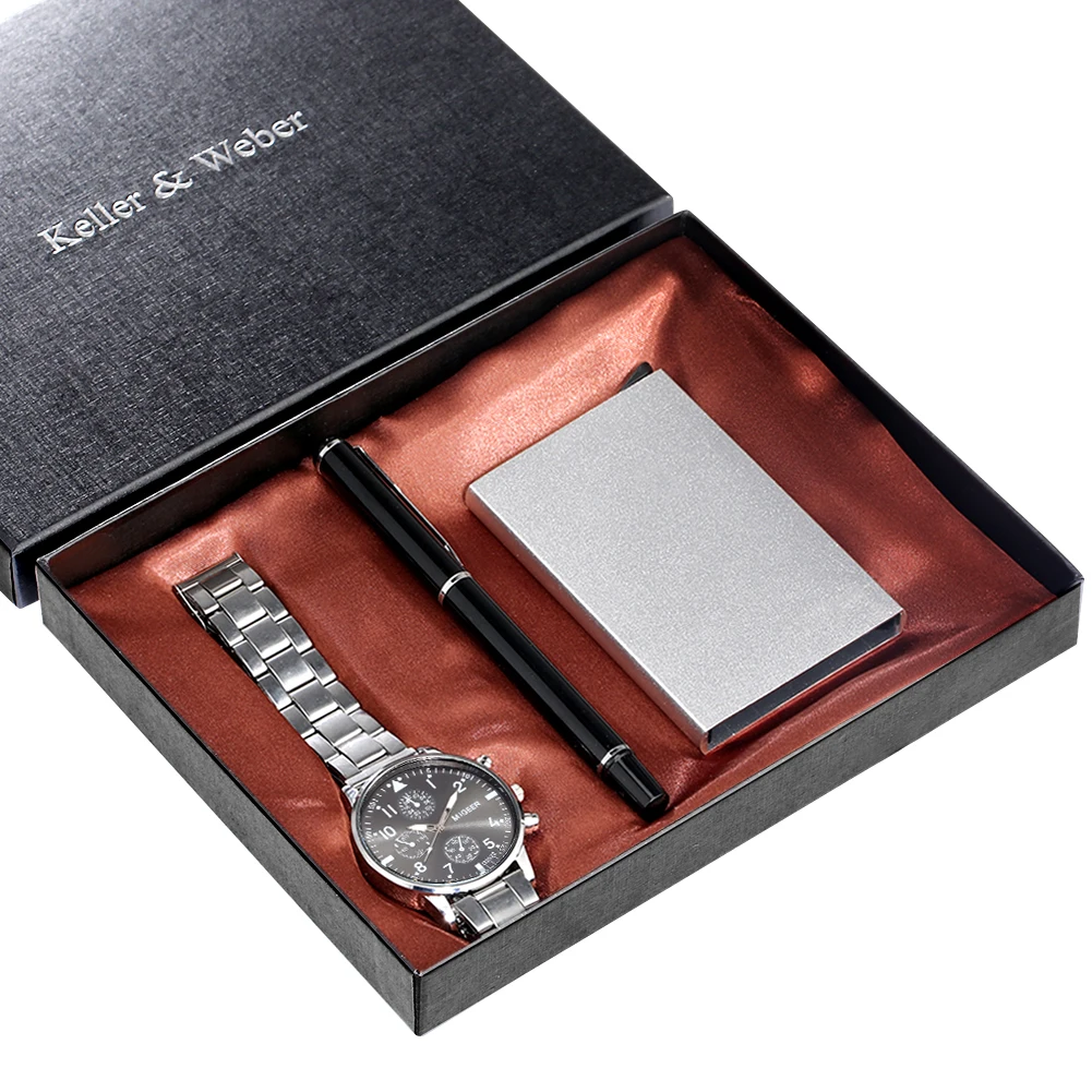 Men's Silver Watch Set Practical Black Pen Automatic Business Card Case Quartz Wristwatch Gift Set Birthday Gift for Dad Husband
