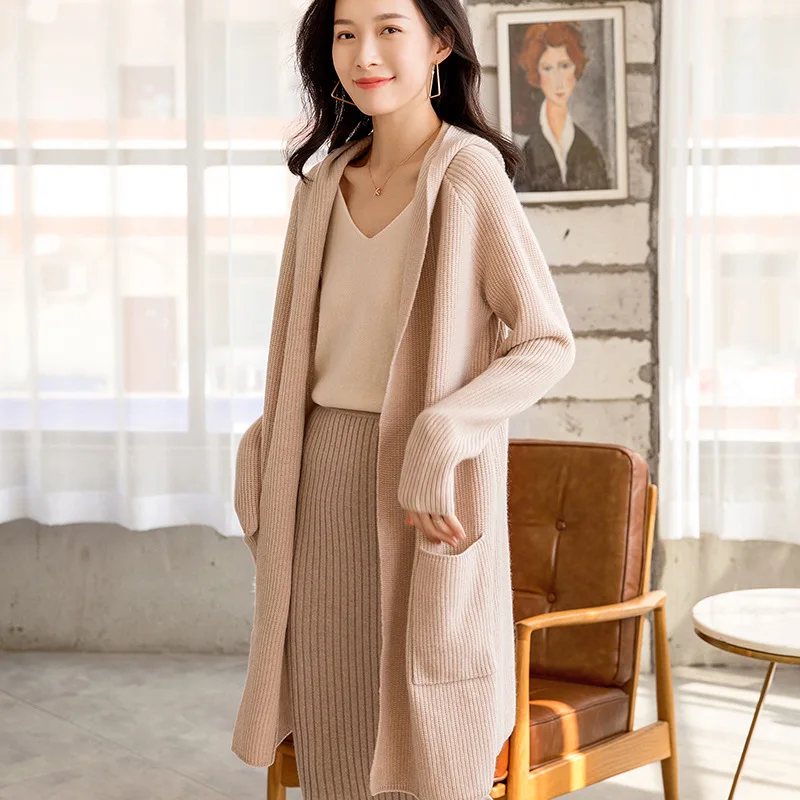 women's beige hooded cardigan cashmere sweaters long sleeve plus size loose Female knitwear high qu