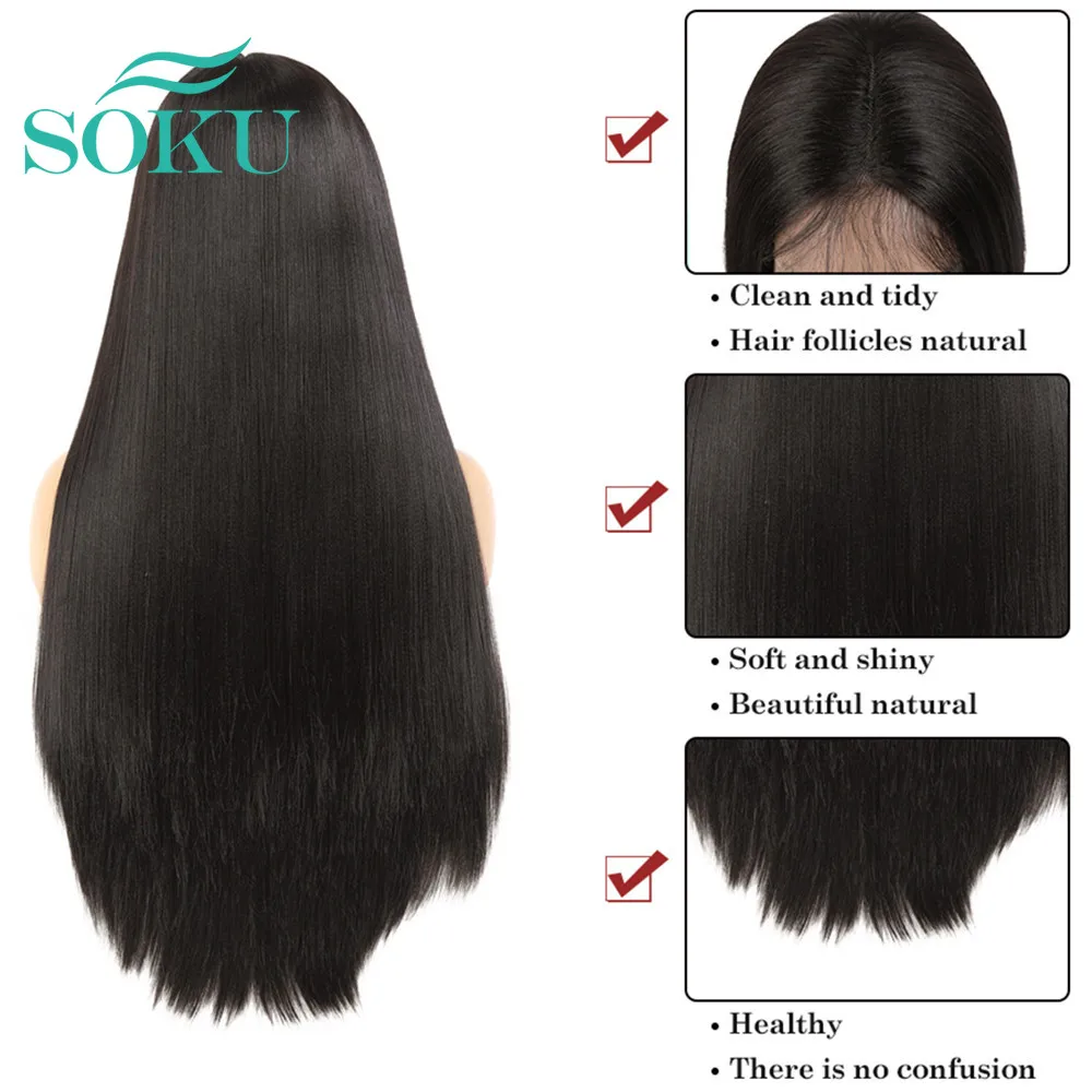 Synthetic Lace Wig Long Straight Wig With Baby Hair SOKU Heat Resistant Fiber Hair Natural Middle Part Wig For Black Women
