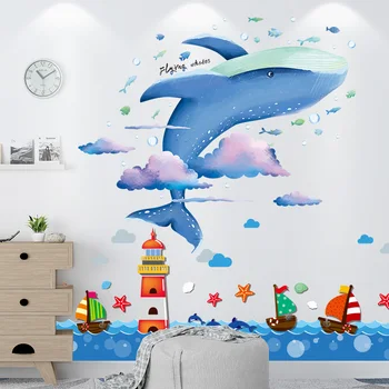 

[SHIJUEHEZI] Cartoon Whale Animals Clouds Wall Stickers DIY Lighthouse Boats Mural Decals for Kids Rooms Baby Bedroom Decoration