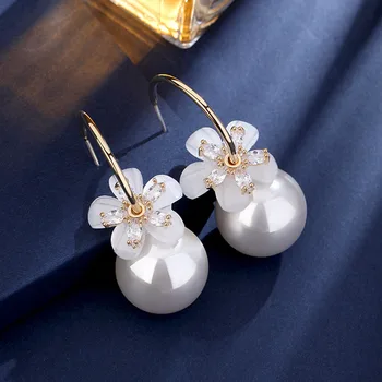 

Earrings Korean version wild temperament pearl glaze flower earrings new wave earrings big pearl pendant women's earrings