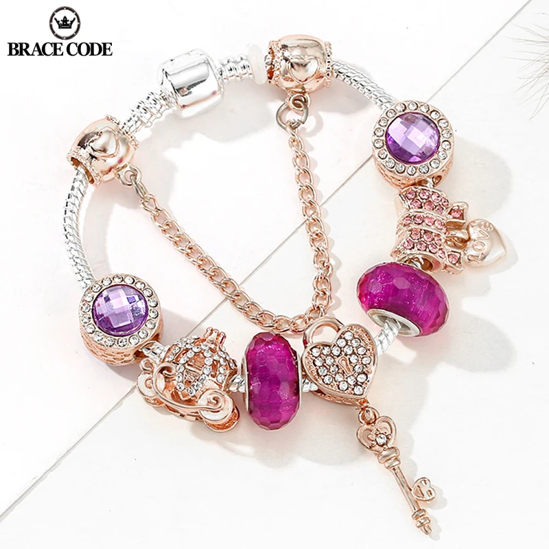 

2021 New Rose Gold Charm Heart Key Pendant Charm Bracelets For Women Original Girls Princess Crown Beaded Bracelet Wife Jewelry