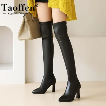 

Taoffen Size 31-43 Women Over Knee Boots Sexy Pointed Toe High Heel Winter Shoes Woman Lace Up Stretch Boot Casual Footwear