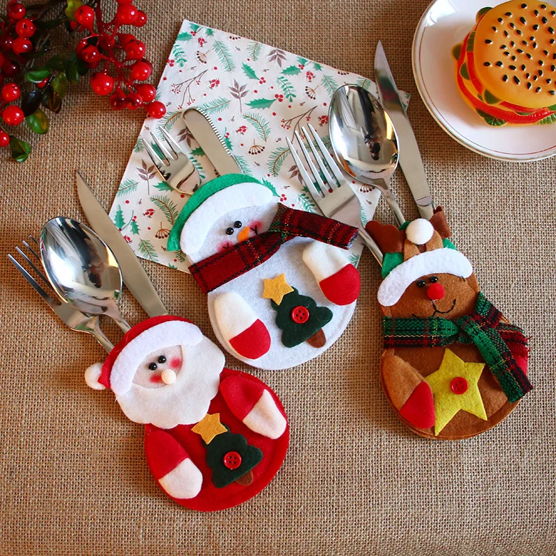 

4Pcs Knife Fork Skirt Pants Dinner Table Cutlery Set Cover Cloth Bag Christmas Ornaments New Year Navidad Gift Xmas Decor