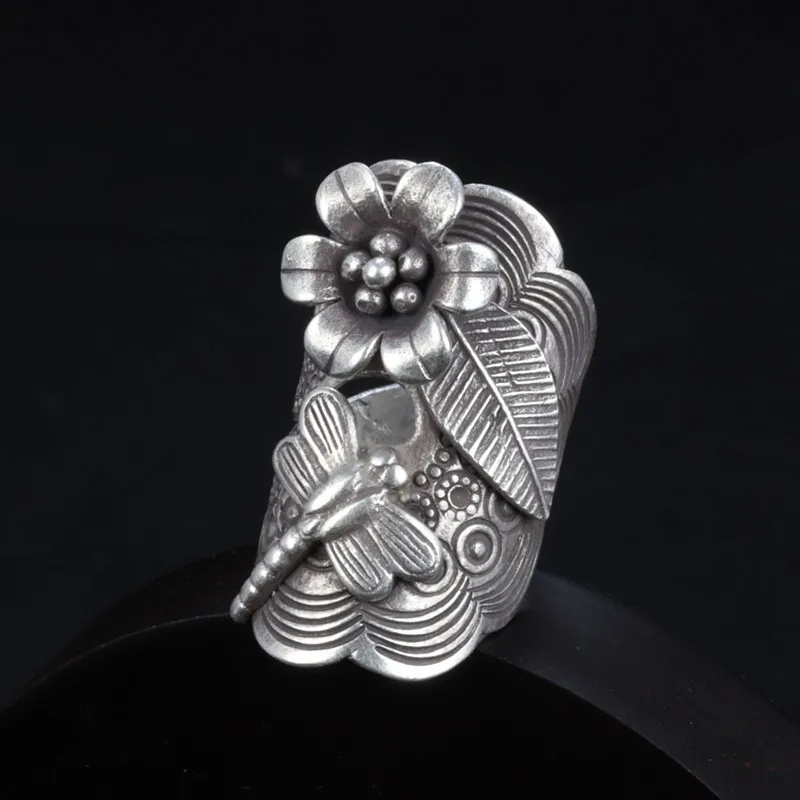 

BOCAI 2021 Fashion S925 Sterling Silver Handmade Dragonfly Leaf Flower Wide Exaggeration Woman Ring Long Opening