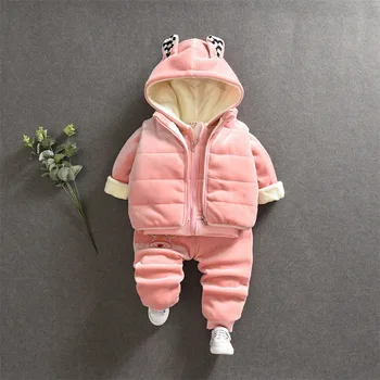 

0-4 year old baby girl clothes children winter plush thick hooded sweater suit 3pcs cartoon lamb vest warm girl baby suit