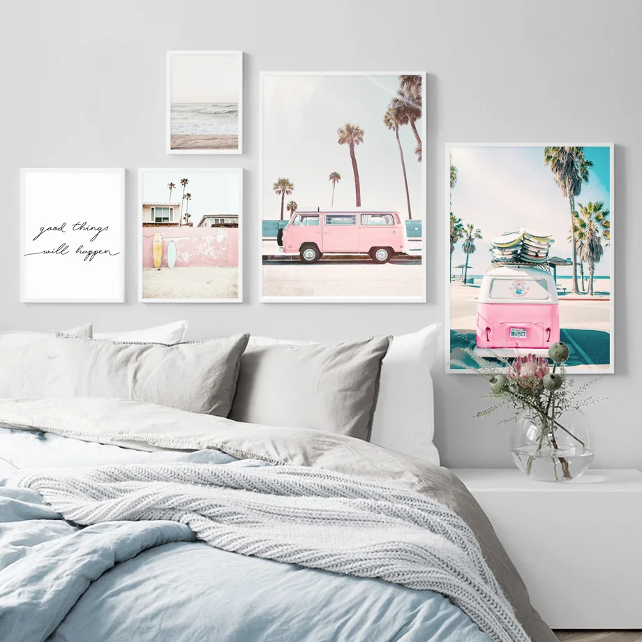 Pink-Bus-Sky-Sea-Beach-Coconut-Palm-Quote-Nordic-Posters-And-Prints-Wall-Art-Canvas-Painting