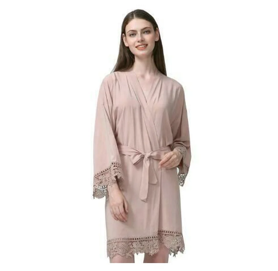 

Rayon Solid Cotton Kimono Robes with Lace Trim Women Wedding Bridal Party Women Robe Short Belt Bathrobe Sleepwear Night Sleep