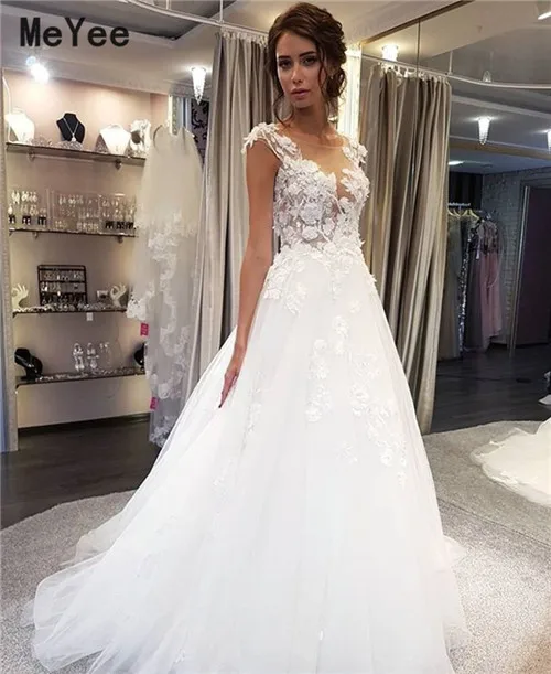 

Boho Beach Wedding Dresses 2020 Sheer Neck Cover Button Back Lace Applique Vestido de noiva Long Garden Bridal Gowns Custom