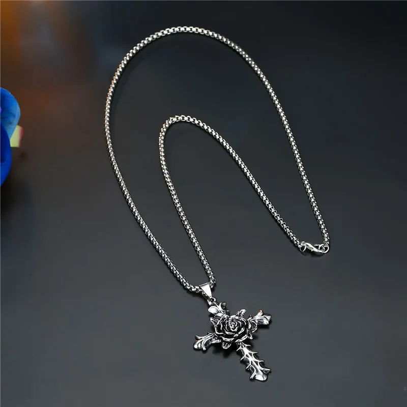 1PC Punk Vintage Metal Rose Cross Skeleton Necklace Personality Gothic Red Zircon Sword Pendant Necklace Women Men Jewelry N70