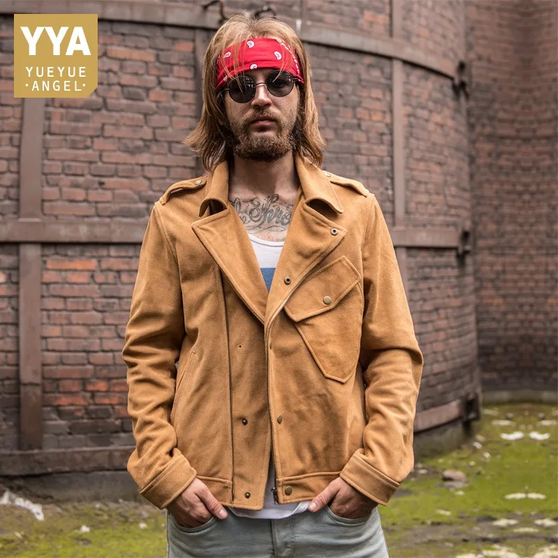 

Men Zipper Cow Suede Jackets High Quality Western Biker Coat Male New Autumn Winter Retro Pockets Casual Bomber Cargo Jacket