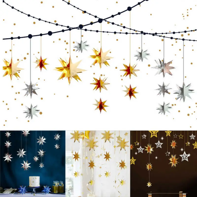 2M Mirror Paper Star Gold Garland Flash Banner Happy Birthday Wedding Party Favor Baby Shower Curtain Decoration Supplies | Дом и сад