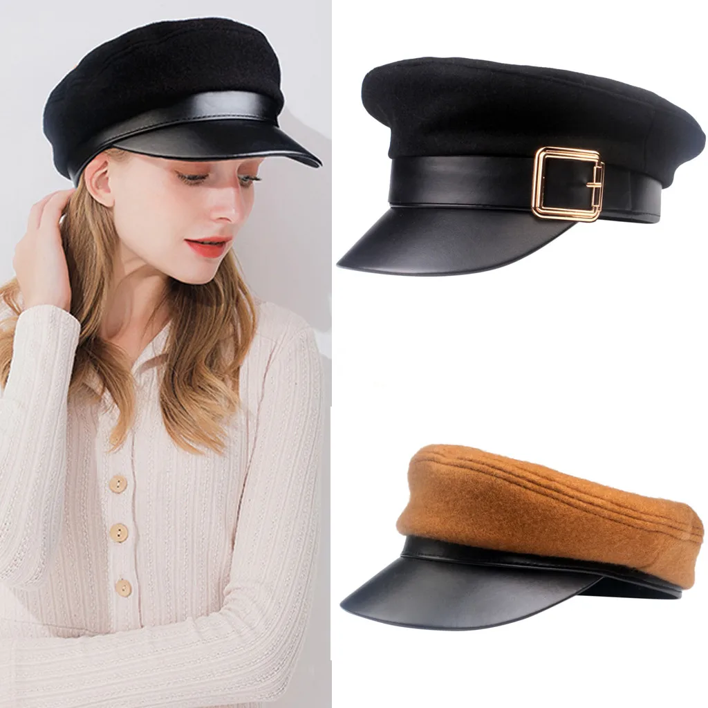 Женские черные шапки в стиле милитари; сезон осень-зима; модные шерстяные шапки из искусственной кожи в стиле пэчворк; кепки с поясом для женщин; старинный Gorras Militar