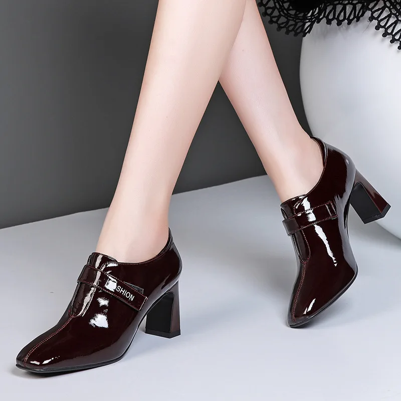 

First layer cowhide deep mouth shoes high heels chunky leather women's shoes