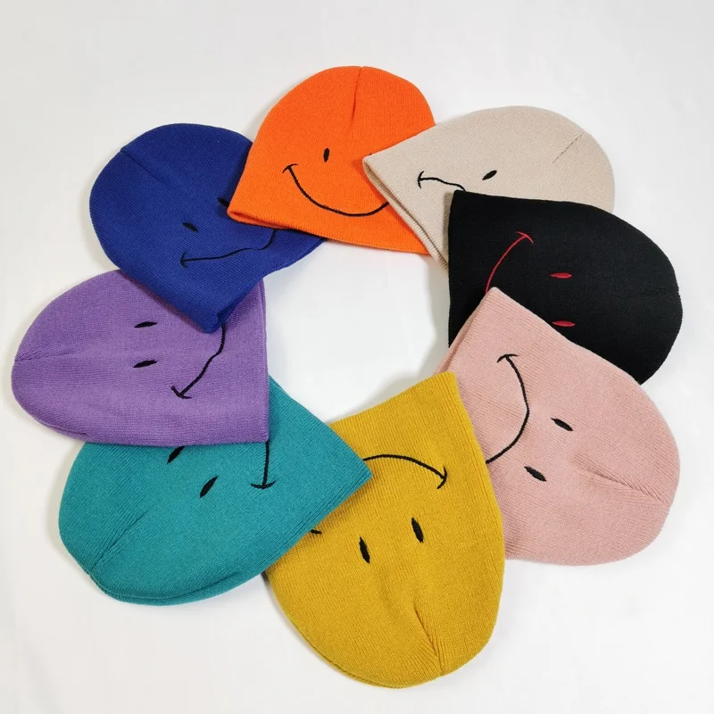 Детские шапки, Осенняя детская шапка для мальчиков и девочек, Мягкая вязаная теплая зимняя шапка с принтом улыбки, эластичные детские кепки