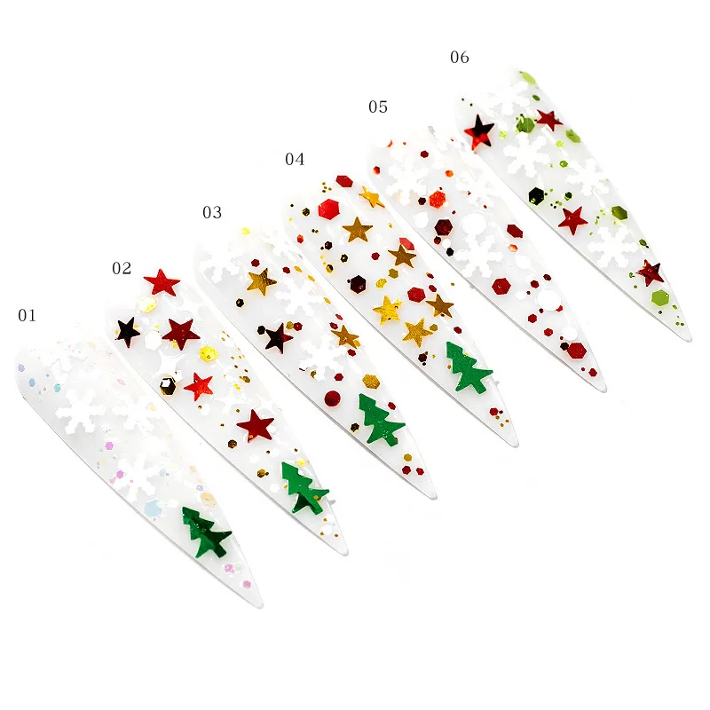 6Pcs/Set Christmas Manicure Art Decoration Snowflake Christmas Tree Snowman Pentagram Set Sequins DIY Nail Design Accessories