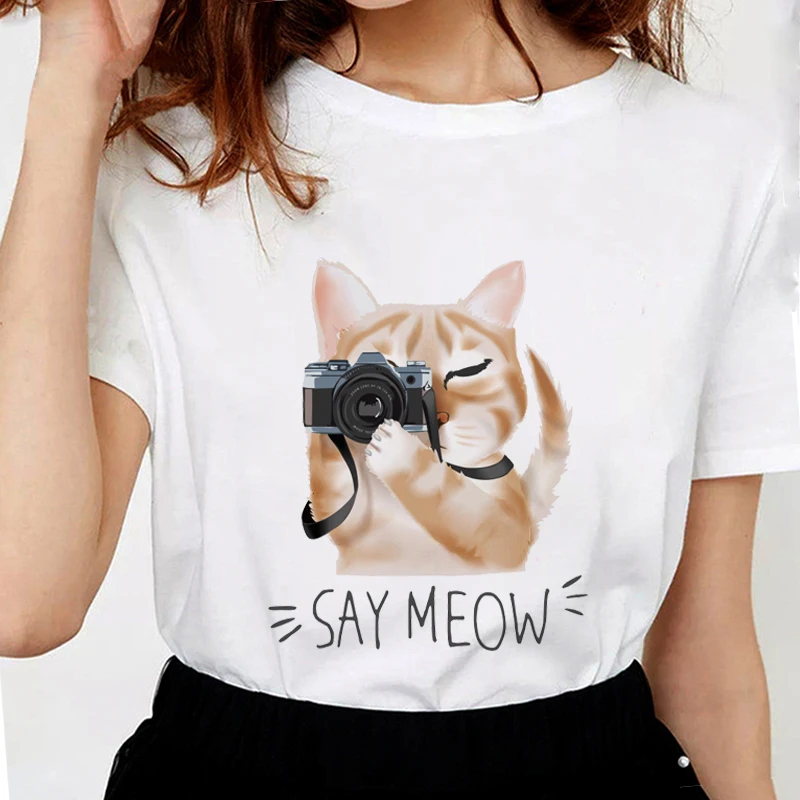 Женская забавная футболка Cat Meow белая из мягкого хлопка с принтом Love Me Now Kawaii |