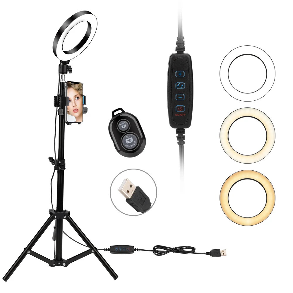 

6" Dimmable Selfie LED Ring Light Tripod Stand Phone Holder Remote Control Photographic Studio Light For Video Live Makeup Lamp