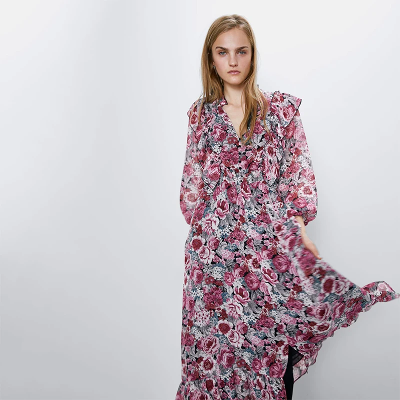 

11.11ZA New Fashion Flower Print Dress V-neck Chiffon Fabric Ruffled Dress Autumn and Winter Wild Dress
