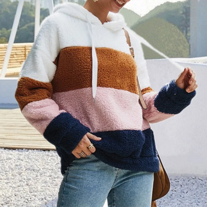 

Women Hoodies Sweatshirt Striped Patchwork Ladies Long Sleeve Pullover Plush Top Autumn Winter Female Warm Clothing 2020