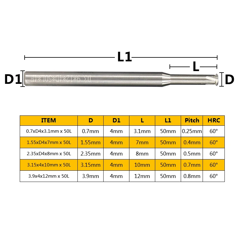 P0.25-P0.8 одинарная нить Концевая фреза 4 мм Концевая фреза ЧПУ фрезы твердосплавные концевые фрезы D0.7/1,55/2,35/3,15/3,9 нить мельницы