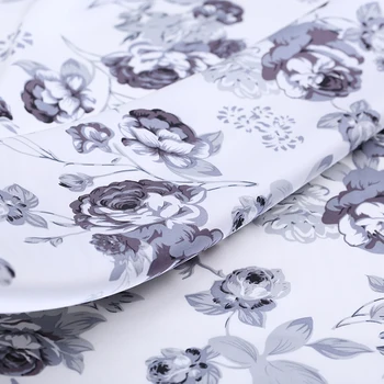 

White Peony Flower Print Silk Satin Dress Fabric
