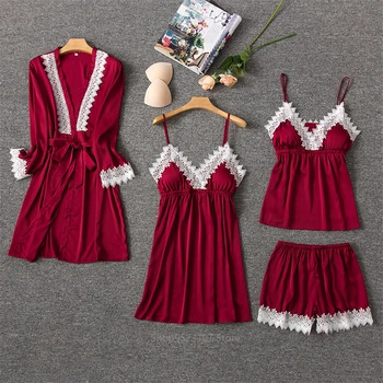 

2020 Sexy Lingerie Pajamas For Women Clothing Embroidery Lace Pink Satin Soft Home Ladies Nightwear Pyjama Strap With Chest Pads