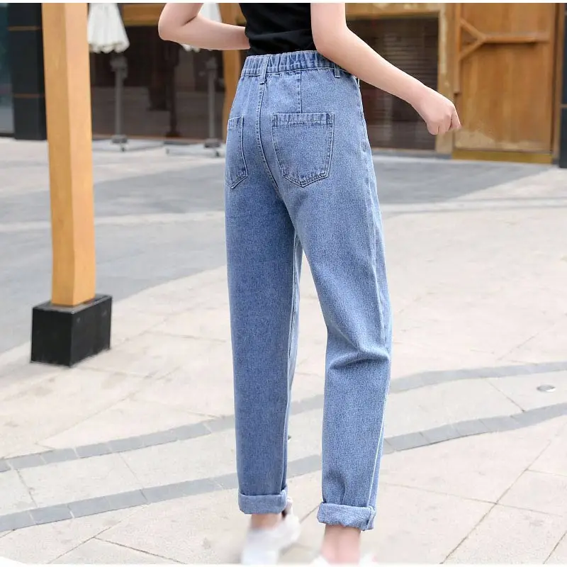 Skup Plus rozmiar Chi wysoki elastyczny pas szarawary dżinsowe z ozdobny pas 7XL Retro biały niebieski zamek latać luźne spodnie denimowe Capris