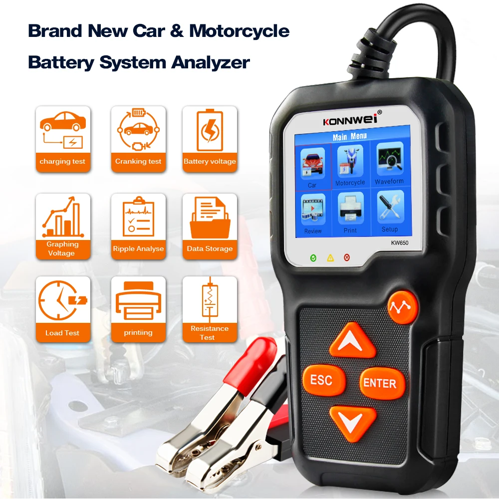 US $38.22 Konnwei Kw650 Car Motorcycle Batterytester 12v 6v Battery System Analyzer 2000cca Charging Cranking Test Tools For The Car