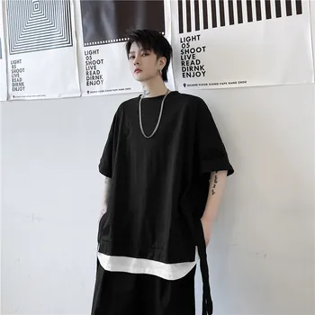 

New Male Women Streetwear Hip Hop Casual Tees Shirts Men Black White Splice Ribbon Short Sleeve Loose T-shirt