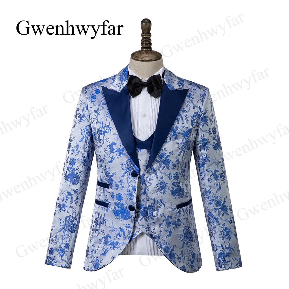 Gwenhwyfar, мужские свадебные костюмы, серебро,, Terno Masculino, мужской костюм, жилет с брюками, 3 штуки, мужские, облегающие, пиковый воротник, синий, Цветочный