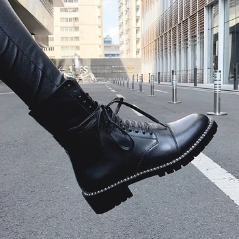 

100% cow Leather Women Ankle Boots 4cm med heels Punk Motorcycle Boots casual Party Shoes Woman lace up Female Short Boots