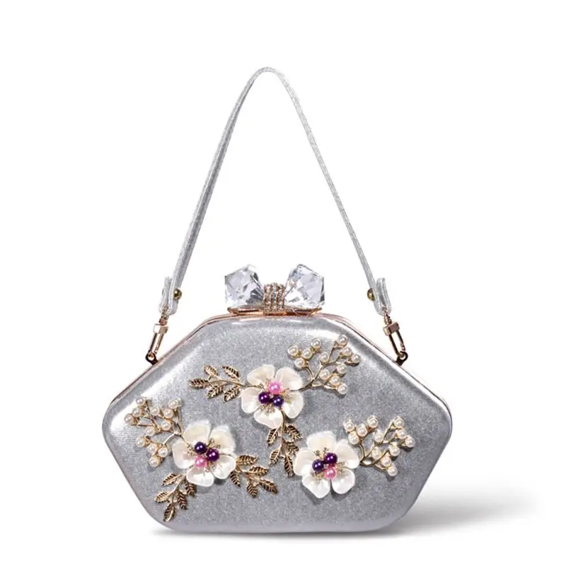 Серебристый Women Beaded Flower Evening Bags Wedding Cocktail Party Bridal Clutch Handbag Shoulder Crossbody Wallet Purse - Цвет: Серебристый