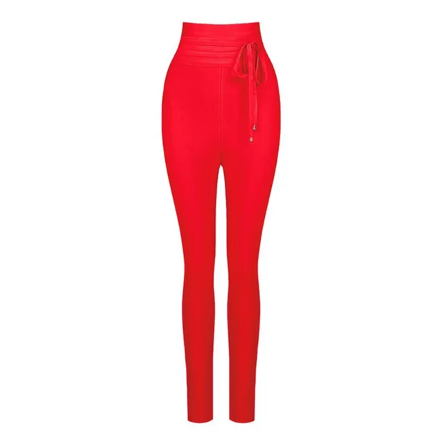 CIEMIILI Sexy Women Pants 2021 New Fashion High Waist Skinny Ties Ladyies Solid Long Pencil Party Bodycon Bandage Pants Red
