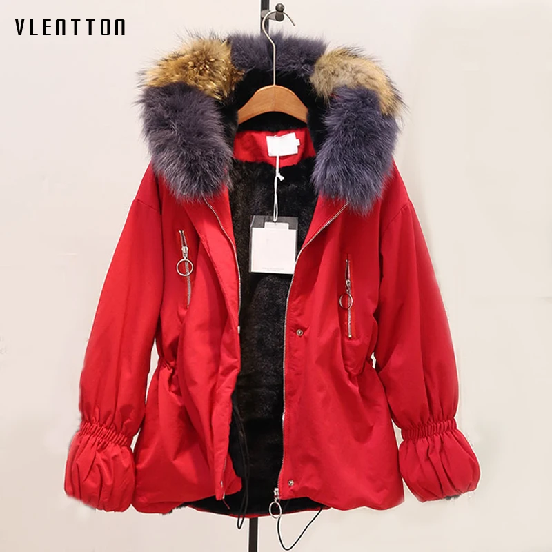 #*Cheap Autumn Winter Real Fur Collar Thicken Cotton Parka Coat Woman Casual Loose Hooded Jacket Female Korean Short Outwear Tops Mujer
