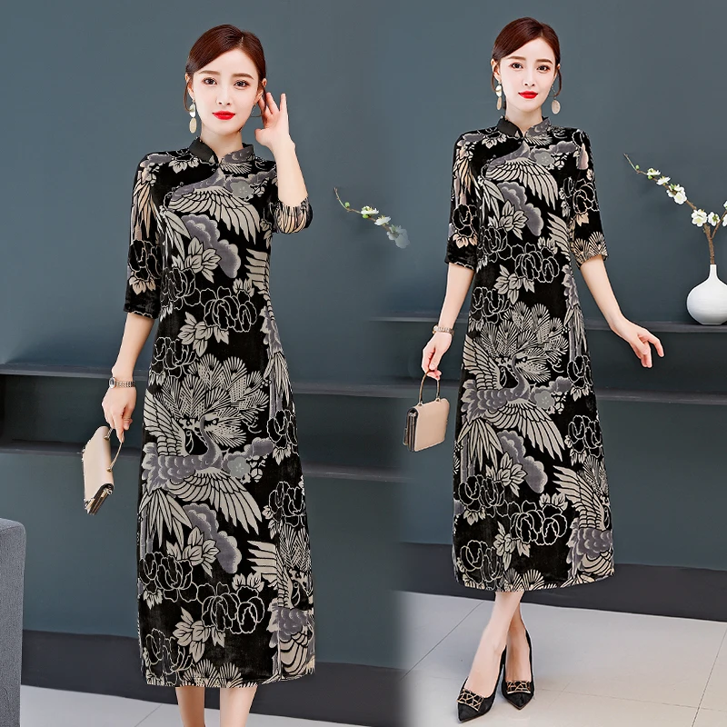 Элегантный Cheongsam весна и осень Новый Ретро Печать женское сексуальное платье